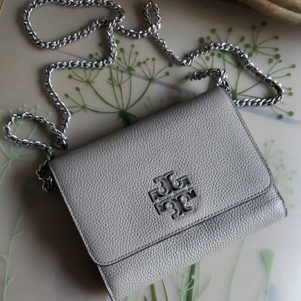 Tory Burch Britten French Gray Small Clutch/Crossbody Bag w/ Silver Chain
